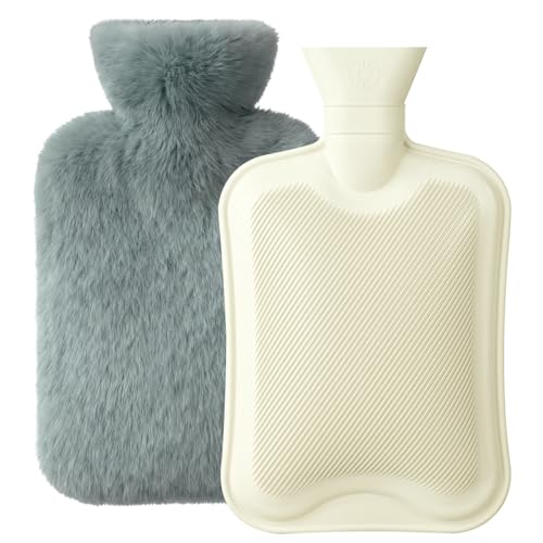 Homealexa Wärmflasche mit weichem Bezug 2L, Premium Naturkautschuk, Sicher und Langlebig Wärmeflasche für Familie Grau