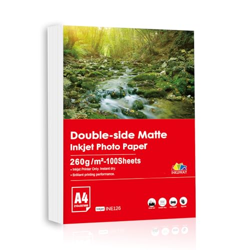 Inkuway Matte Fotopapier für Tintenstrahldrucker, A4 100 Blatt 260g, Dickes Inkjet Papier Matt, Doppelseitiges
