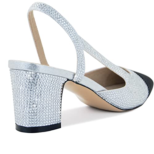 Image of MICIFA Slingback Heels for Women,Round Toe Chunky Heeled Pumps Ankle Strap Fashion Splicing Dress Shoes