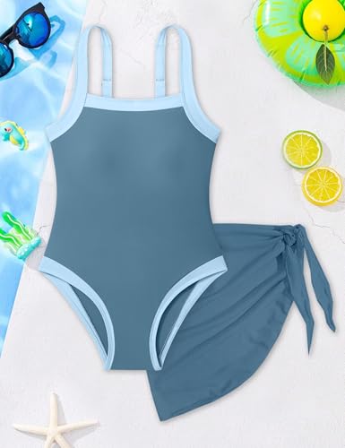 Image of Shallmu Girls Swimsuits Color Block Adjustable Thick Strap One Piece Bathing Suits with Cover Up Skirt Girl's Swimwear 9-16Y
