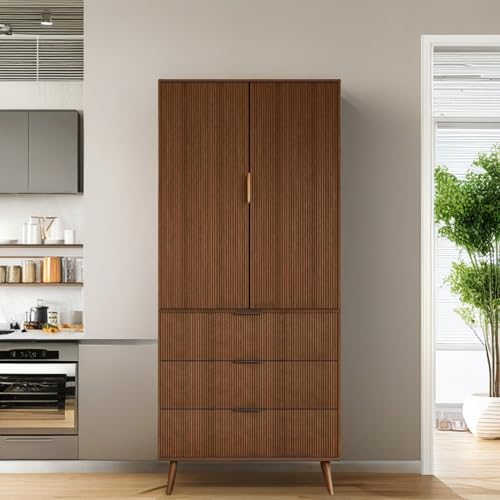Image of Fluted Tall Cabinet, Kitchen Pantry Cabinet with Adjustable Shelves, Wood Cupboard with 3 Drawers 2 Doors, Mid Century Modern Cabinet for Living Room Dining Room Entryway Office, Walnut