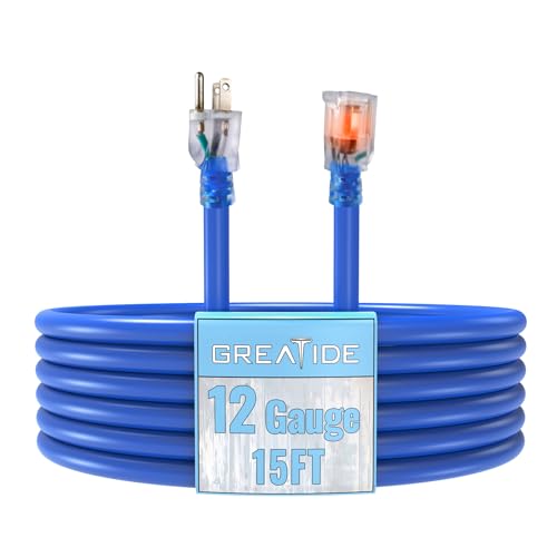 GREATIDE Extension Cord with Lighted End, 12 Gauge Heavy Duty Outdoor Extension Cord 15 FT, 3 Prong Grounded 15 Amp, 12/3 SJTW Waterproof Power Cord for Appliance, Blue by GREATIDE - Used condition - CA$26.39