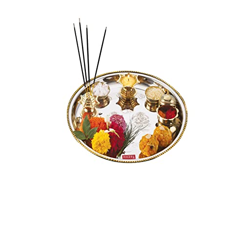 Image of HAZEL Stainless Steel Puja Pooja Aarti Thali Set | 28 cm with 1 Pc Diva | Agarbatti Incense Holder, Kumkum Wati and 2 Pcs Wati