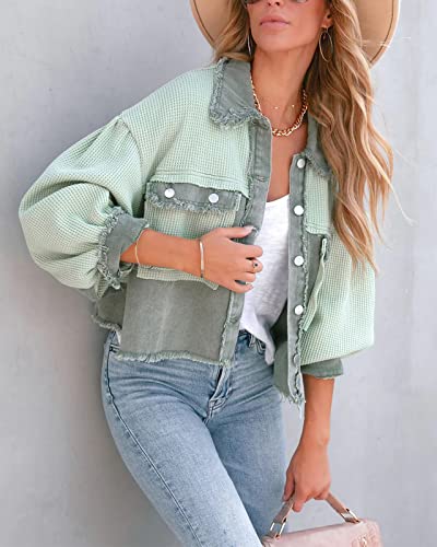 Women Waffle Knit Shacket Cropped Denim Stitching Button Down Loose Long Sleeve Jacket Tops2