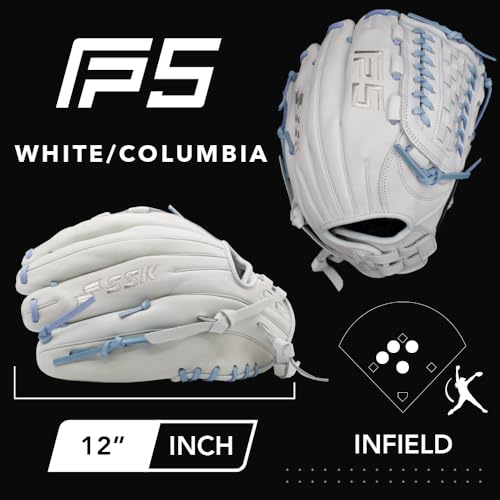 SSK FP5 Fastpitch Softball Glove – Infield - Outfield - Pitcher – 11.5”-11.75”-12”-12.25”-12.5”-12.75”-13”– Right & Left Hand Throw (White/Columbia - Laced Basket Web, 12
