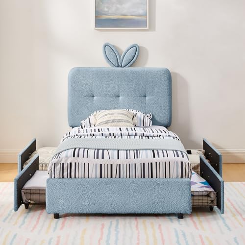 Image of Twin Led Bed Frame with 4 Storage Drawer, Upholstered Platform Floor Bed with Rabbit Ear Headboard Daybed Strong Wooden Slats No Box Spring Needed for Kids Girls Boys, Blue