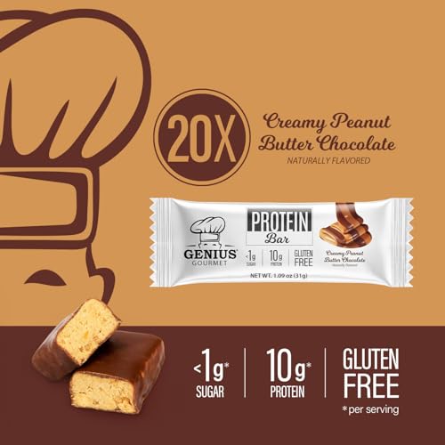 Genius Gourmet Protein Bar, Chocolate Peanut Butter, Keto Snack, Low Carb, Low Sugar & Gluten Free, Protein Snacks for Adults, 10G of Whey Protein per Protein Bar, 5 Net Carbs, 20 Count