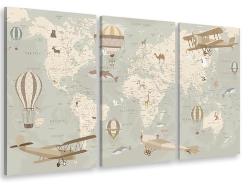 HXA DECO - Decoration Murale, Decoration Chambre Art Mural Tableau Deco, Tableau Triptyque Enfant Carte du Monde Avions et Montgolfières - 90x60 cm