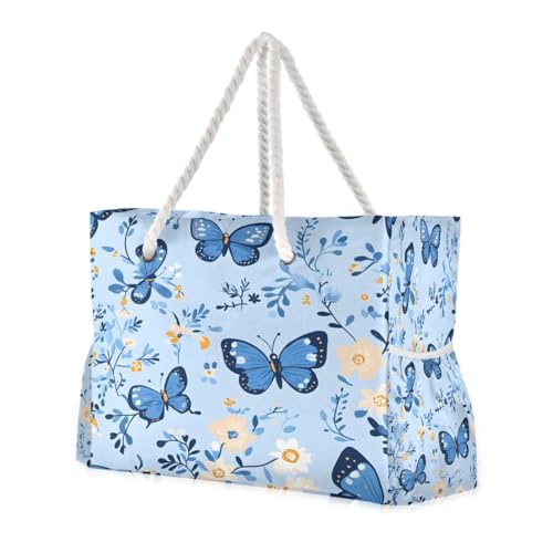 Beach Bag - Large Tote Bags for Women Blue Butterflys Flowers Pattern Shoulder Bags Zipper Waterproof Sandproof for Travel Gym Swim Daily