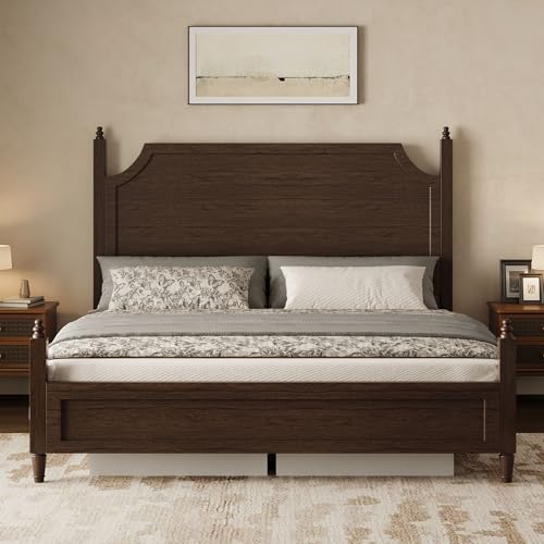 Belffin Wood King Size Bed Frame with Curved Headboard, Vintage Platform Bed, Traditional Four Poster Bed with 12 Solid Wooden Slats Support, Noise Free, No Box Spring Needed, Easy Assembly,