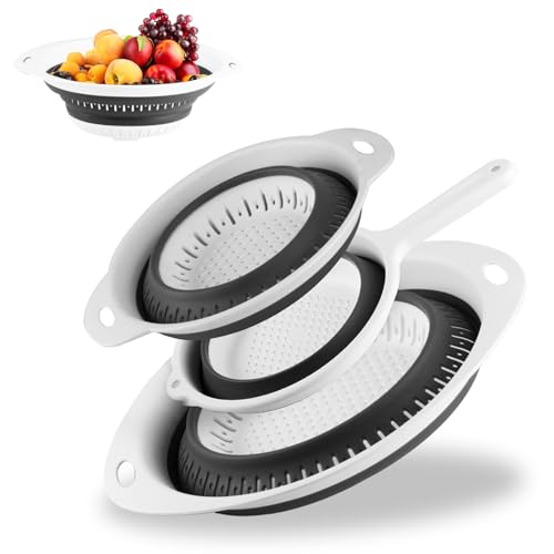 3 Pcs Passoire Cuisine Pliable Plastique, Passoire Retractable, Portable Filtre Panier de Fruits avec Poignées, Egouttoir Pates pour Cuisine Domestique...