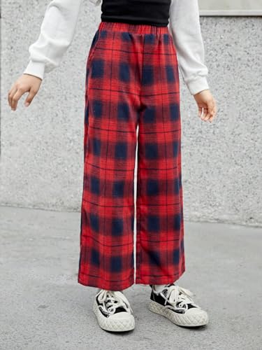 Girl's Plaid Wide Leg Pants Elastic High Waisted Trousers Trendy Sweatpants with Slant Pockets Red 10 Years4