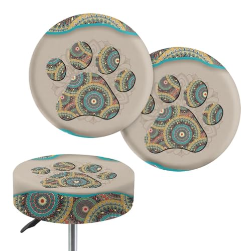 Lotusorchid Bar Stool Covers for Kids Round, Dog Paw Non Slip Stool Seat Covers Soft Stool Cushion Covers with Elastic Bands, Stretchy Stool Slipcover Bar Chair Covers (2 Pack), Beige and Green