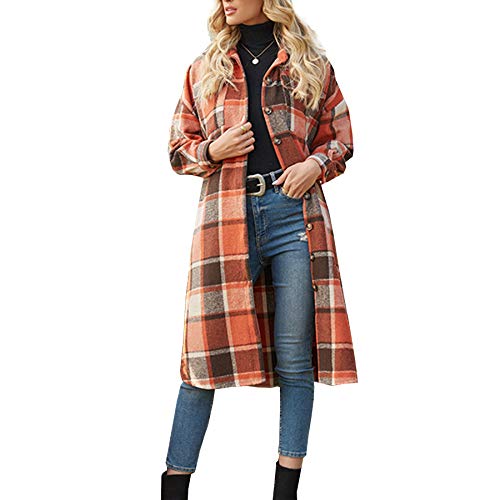 Ainangua Women's Casual Wool Blend Long Plaid Shirt Jacket Button Down Pocketed Shirt Shacket Small Orange