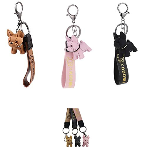 3 Pezzi Portachiavi Bulldog Francese in Pelle - Cartone Animato Cane per Donna Uomo - Fascino Borsa Auto