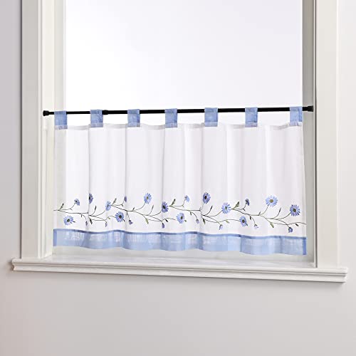 Heichkell Embroidered Net Curtain Voile Short Curtains with Loops Pastoral Kitchen Curtains Country House Style Bistro Curtain Blue W x H 90 x 45 cm - Image 2
