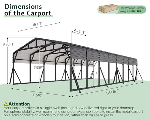 Image of Jocisland 20x40 FT Heavy Duty Metal Carport for Multiple Vehicles, All-Weather Car Canopy with Galvanized Steel Roof & Reinforced Base, Car Port for Bass Boats, Full-Sized Pickups and Tractors