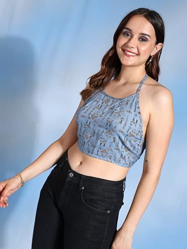 Image of Yash Gallery Women's Regular Fit Cotton Geomatrical Handblock Printed Freesize Backless Sleeveless Blouse