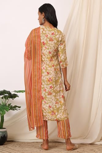 Image of W for Woman Orange Abstract Printed Tiered Spaghetti Kurta and Leggings Set with Dupatta