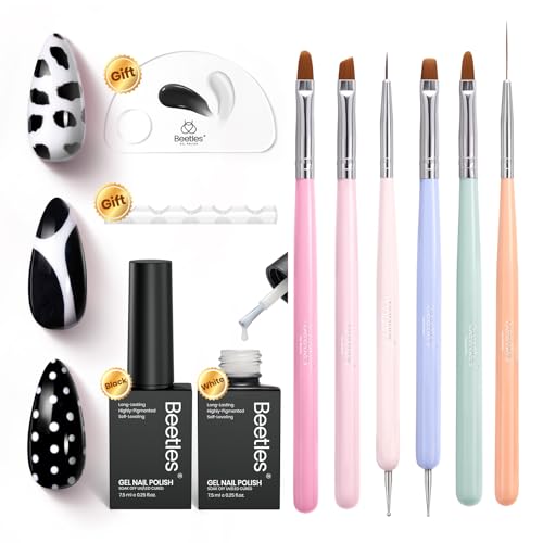 Image of Beetles White Gel Nail Polish Black Gel Polish with Nail Art Brushes Set, 6 Pcs Nails Art Pens Dotting Pen Clean Up Liner French Nails Tools with Palette Brush Holder DIY Manicure Design Set