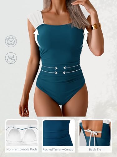 Image of B2prity Womens One Piece Swimsuit Retro Square Neck Tummy Control Bathing Suits Ruched Modest Full Coverage Swimwear