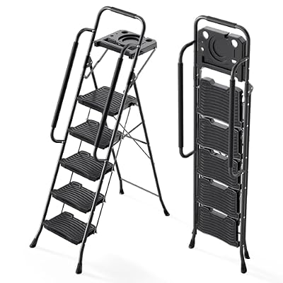 KINGRACK 5 Step Ladder with Tool Platform, Sturdy Step Stool with Handrail, Folding Steel Ladder with Wide Pedal, Safety Ladder for Adults Home Outdoor Painting Garage