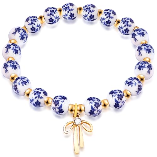 Bow Charm Bracelet for Women Vintage Flower Beaded Handmade Gold Dainty Stretch Bracelet Romantic Jewelry Gift