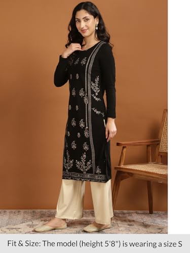 Image of rangita Black Acrylic Calf Length Printed Straight Kurti for Women | Kurta for Women