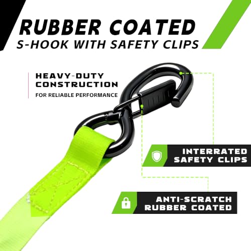 Image of Retractable Ratchet Straps (2-Pack) - Heavy Duty Auto Retraction Tie Down Straps - 1 Inch x 13 Feet (1,800lb Break Strength) - with Safety Lock S Hooks for Motorcycle, Truck Securing Cargo, Car-Green