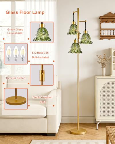 Image of Lightdot Glass Floor Lamps for Living Room, 3-Light Dimmable Floor Lamp with Green Glass Shade& E12 Bulbs Included, Mid Century Standing Tall Lamp with 5Lbs Heavy Base for Bedroom /Sofa Beside-Gold