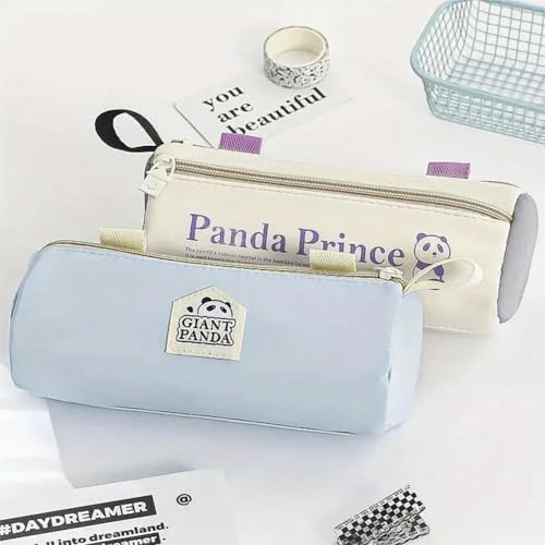 Image of Canvas School Bag Pencil Case, 3 Layer 6 Compartment Large Capacity, Aesthetic Pencil Pouch for Stationary, Cute Stationery for Kids, Pencil Case for Girls & Boys (Panda Prince Cream)