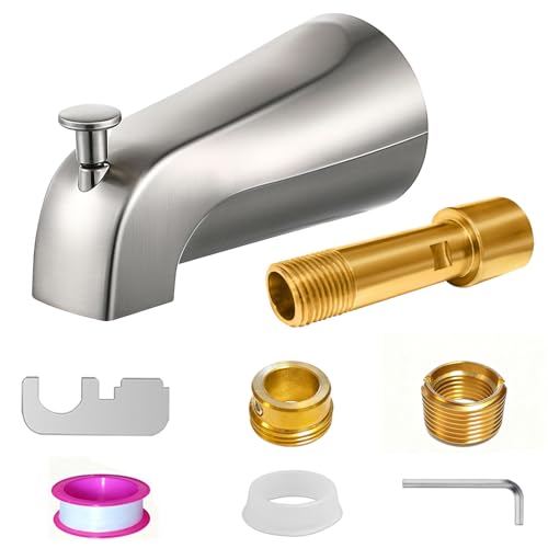 Brushed Nickel Bathtub Spout with Diverter, All Metal,5.3 Inch Tub Spout, Fits 1/2\" Copper Slip-On and 1/2\" or 3/4\" IPS Threaded Pipes, Leak-Free, Slip Fit Tub Spout with Pull-Up Diverter