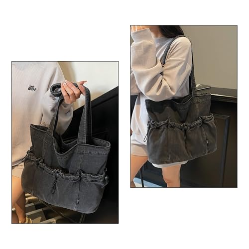 Women's Denim Shoulder Bag with Drawstring, Multi-Pockets Lightweight Hobo Purse for Daily Use Travel Shopping2
