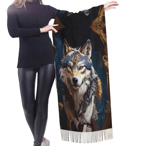 Oil Painting Tribal Wolf Pashmina Shawls Scarf Wraps for Women, Fall Winter Large Blanket Scarf Fashion Scarves4