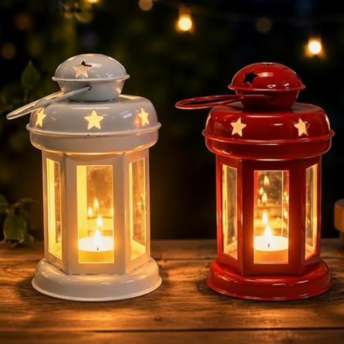 Image of Mini Metal Tea Light Lantern Set of 1 Candle Holder Home Decor | Perfect for Living Room, Bedroom, Pooja Space, Festive Decor, Weddings, Housewarming & Gifting Ideal for Diwali, Wedding - White & Red