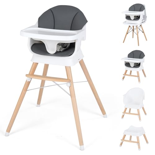 COSTWAY Trona Convertible para Bebés, Silla Alta de Alimentación Evolutiva con Bandeja y Cojín Desmontables, Arnés de 5 Puntos y Patas de Madera, Taburete Portátil Infantil para 6-36 Meses