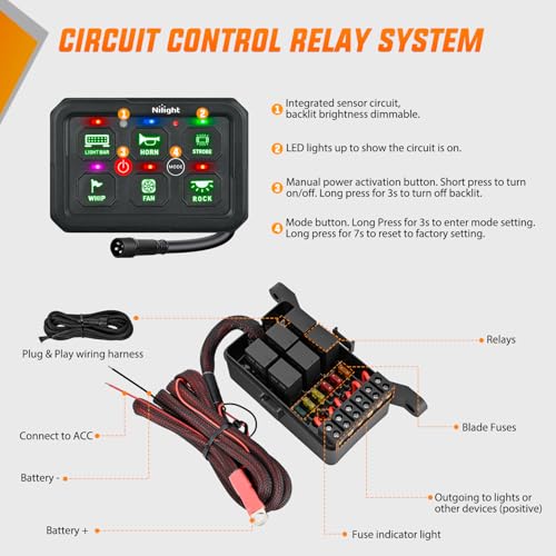 Image of Nilight 6 Gang Switch Panel Green 12V 60A Circuit Control System 4-Mode | Fuse Wiring Harness Automatic Dimmable LED Pod Toggle /Momentary /Strobe /Flash Modes for Car Pickup Truck Camper SUV