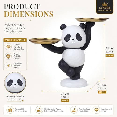 Image of ARMONIA Butler Panda Decorative Figurine with Dual Golden Trays, 25 cm Height, Balanced Design, Premium Materials, Black and White