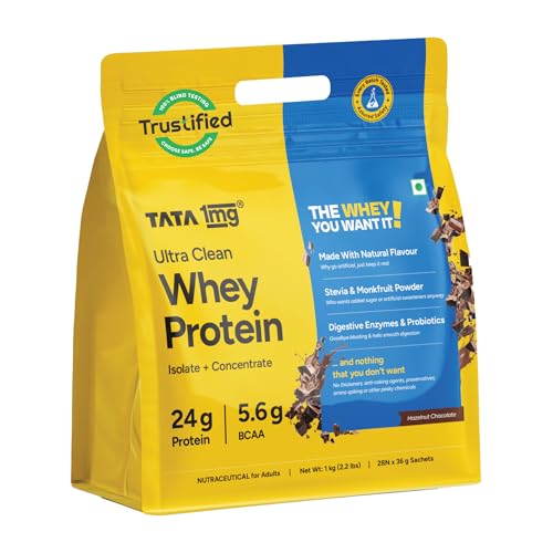 Image of Tata 1mg Ultra Clean Whey Protein Isolate + Concentrate - Hazelnut Chocolate 1kg | 25g protein, 5.6g BCAA & 30B CFU Probiotics-28 Sachets