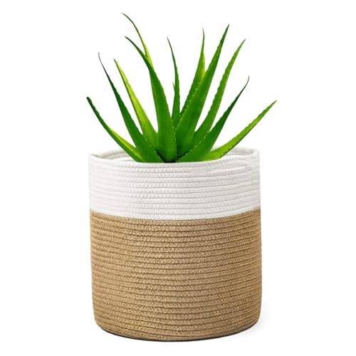 huipinghu 20cm Cotton Woven Plant Pot | Breathable Indoor Planter Basket for Potted Plants | Built-in Handles - 20x20cm for Boho Home Decor & Herbs (White+Yellow)