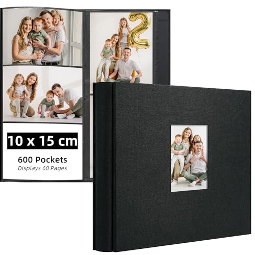 Remowith Album Fotos 10x15 cm, Álbum de Fotos de Gran Capacidad para 600 Bolsillos, Photo Album Horizontal y Vertical, con Funda de Tela, Ideal para Familia, Bodas, Viaje y Recuerdos de Bebé, Negro
