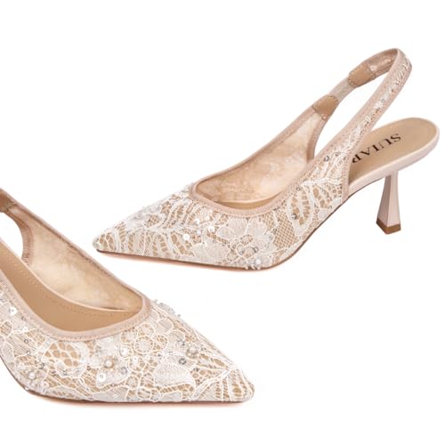 Image of Slingback Wedding Heels for Women Bridal Lace Mesh Kitten Heel Closed Pointed Toe Pearl Pumps Shoes