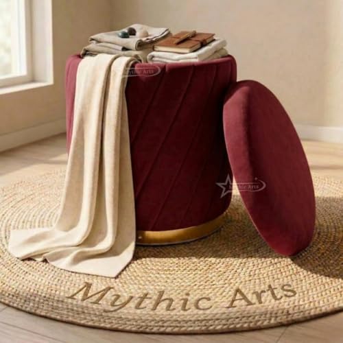 Image of Mythic ArtsRound Upholstered Sitting Stool & Footrest Velvet Storage Ottoman Pouffe16 X 16X 19 inch | Versatile Puffy for Living Room, Bedroom, and Office ? Chic Home Furnishings & Dcor Maroon