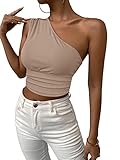 SheIn Damen Strick Crop Top Einschulter Cropshirt Schmal T-Shirts Bauchfrei Sommershirt Aprikosenfarben S