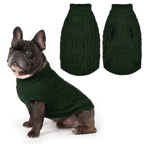 Image of PUPTECK Dog Sweater, Turtleneck Warm Knitted Pullover Coat, Thick Cable Knitwear Clothes in Winter, Pet Apparel Outfits for Small Medium Dogs, for Cold Weather Indoor & Outdoor, Deep Green SM