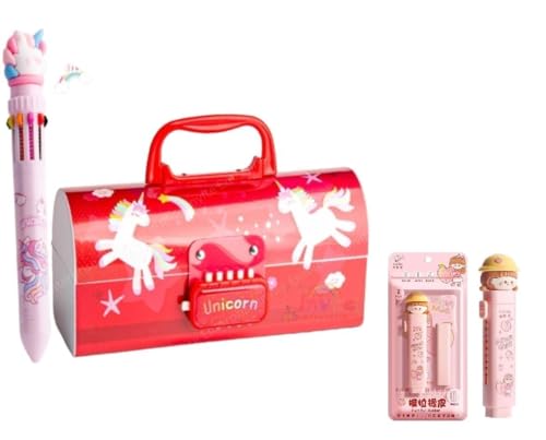 Image of Red Unicorn Pencil Box Set with Eraser & 10 Color Pen for Girls-Boys | Unicorn-themed pencil box set with lock, mirror, eraser and 10-color pen for organized school supplies.
