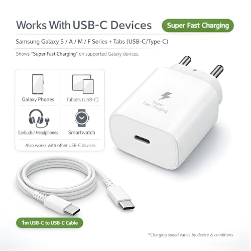 Image of 25W Charger for Samsung with C-to-C Cable | Super Fast Charging C-Type Adapter for Galaxy S26 /S25 Ultra, S24 FE, A56 /A36 /A16, M15 /M17 /M55 5G, F15 /F55 /Z Fold & S /A /M /F /Z Series Phones - BIS Certified