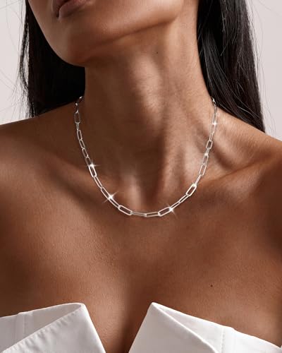 MBW Silver Paperclip Chain Necklace for Women,Dainty Sterling Silver Choker Necklaces for Women Trendy Simple Long Chunky Minimalist Waterproof Link Necklace Jewelry Gifts for Women 16/18/20 in3