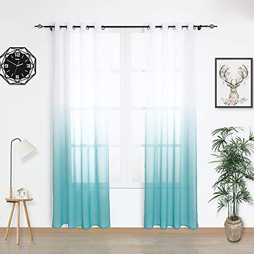 Cortina Translúcida Visillo Gradiente Color Degradado Dos Paneles de Ojales Plateados Gasa para Ventanas Infantiles Dormitorio Cocina Habitacion Sala de Estar 2 Unidades 140x260cm, Gradiente Turquesa