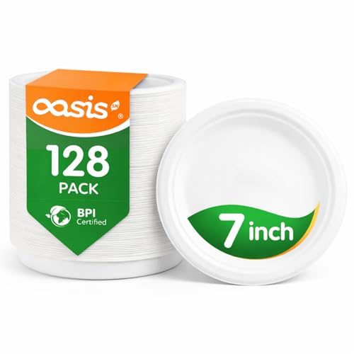 OasisSN 7 Inch 128 Pack Compostable Disposable Paper Plates Heavy Duty Sugarcane Bagasse Plates Biodegradable Eco-Friendly for Snacks & Parties Unbleached White